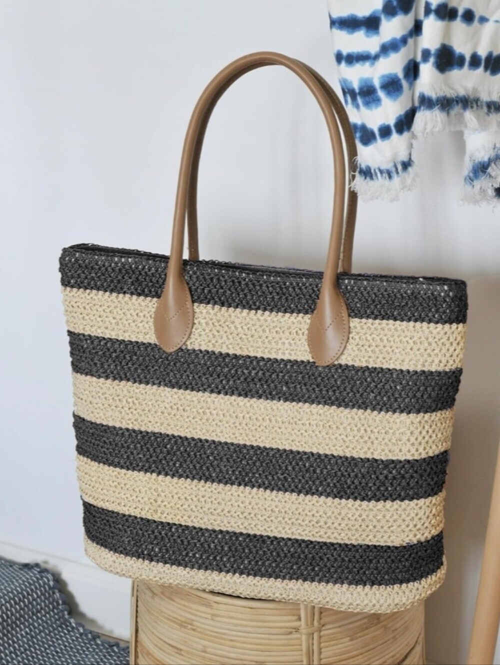 Striped Woven Tote Bag in Black and Natural